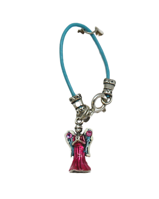 Christmas Angel 3-D with Crystals Hand-enameled Removable Sterling Silver Charm on Leather and Sterling KooLoop 2 13/16"