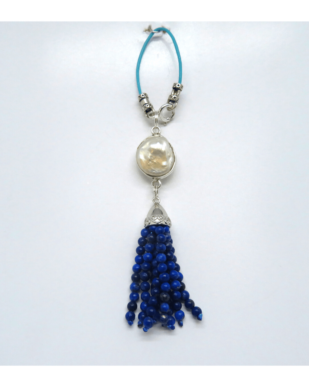Lapis Lazuli Tassel, Coin Pearl Removable Design on Leather and Sterling Silver KooLoop approx. 4"