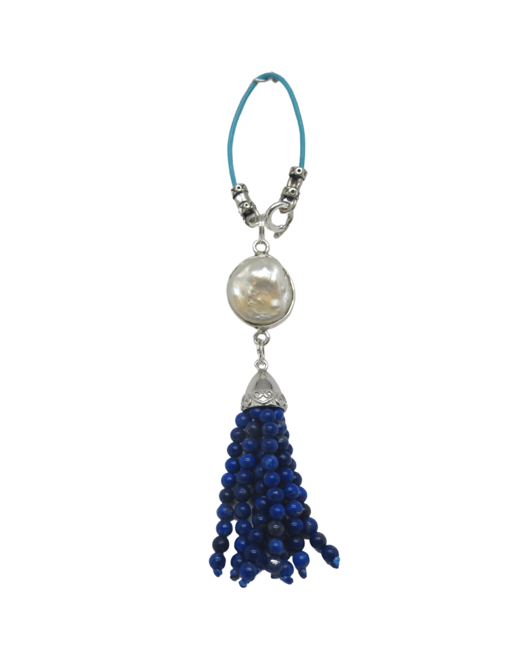 Lapis Lazuli Tassel, Coin Pearl Removable Design on Leather and Sterling Silver KooLoop approx. 4"