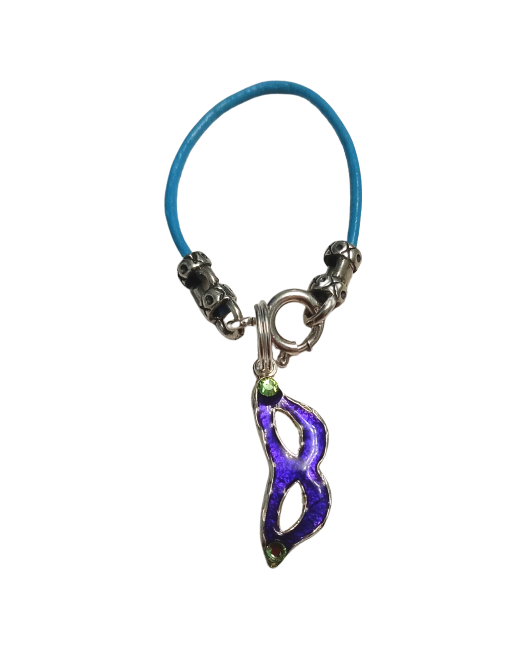 Mardi Gras Hand-enameled Purple Cat Eye Mask with Crystals Removable Sterling Charm 1 1/8"L X 5/16"W on Leather KooLoop ONE ONLY