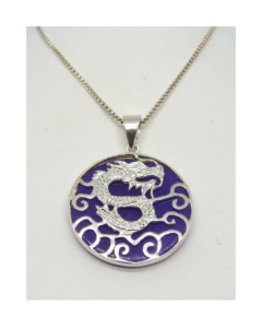 Sterling Cut-out Dragon Design Over Lavender Jade Removable Pendant 1 3/8"H X 1"W on 18" Box Chain. ONE ONLY.