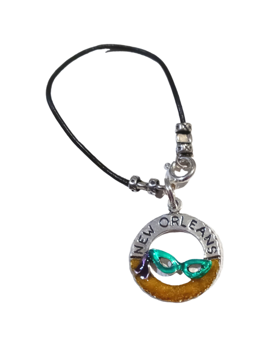 Mardi Gras KooLoop Hand-enameled New Orleans with Green Mask Removable Sterling Charm on Leather Loop