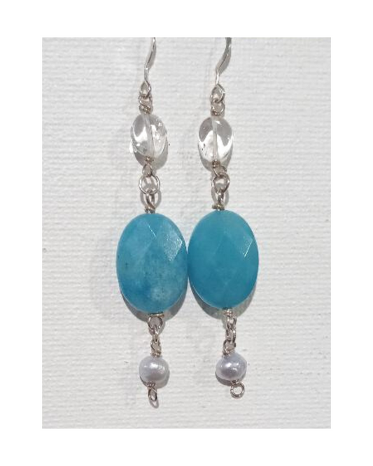 Clear Crystal Quartz, Faceted Dyed Oval Blue Jade and Light Blue Genuine Pearl Sterling Silver Dangle Earrings approx. 2 3/4"
