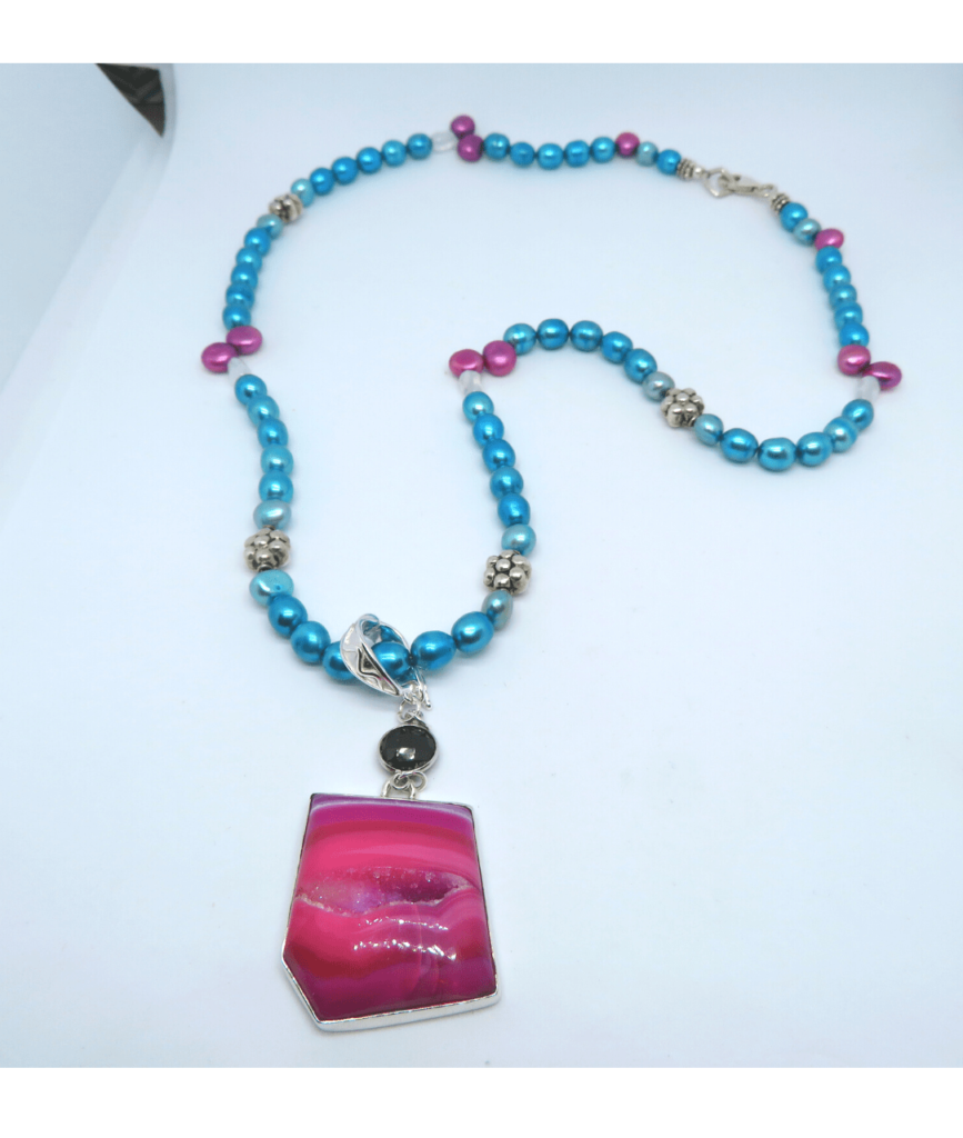 Sterling, Pearls, Crystal Quartz Necklace is 21" with Removable Pink Agate Druzy and Faceted Black Spinel Enhancer Pendant 2 1/2"L . ONE ONLY.
