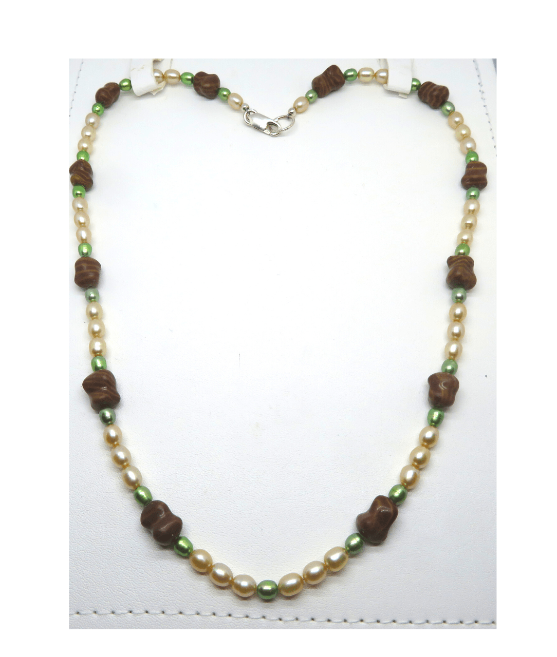Golden, Green Pearls, Unique Carved Brown Jasper Sterling Handmade Necklace 21" Includes Quartz Druzy Enhancer Pendant 2 1/4"L X 1/2"W. ONE ONLY.