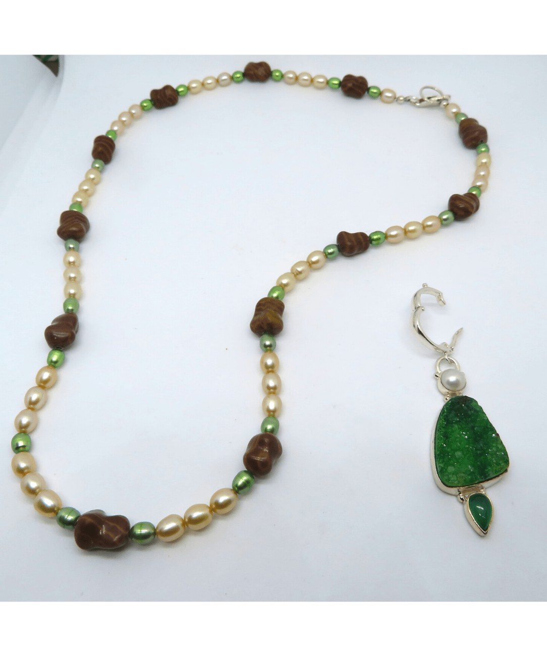 Golden, Green Pearls, Unique Carved Brown Jasper Sterling Handmade Necklace 21" Includes Quartz Druzy Enhancer Pendant 2 1/4"L X 1/2"W. ONE ONLY.