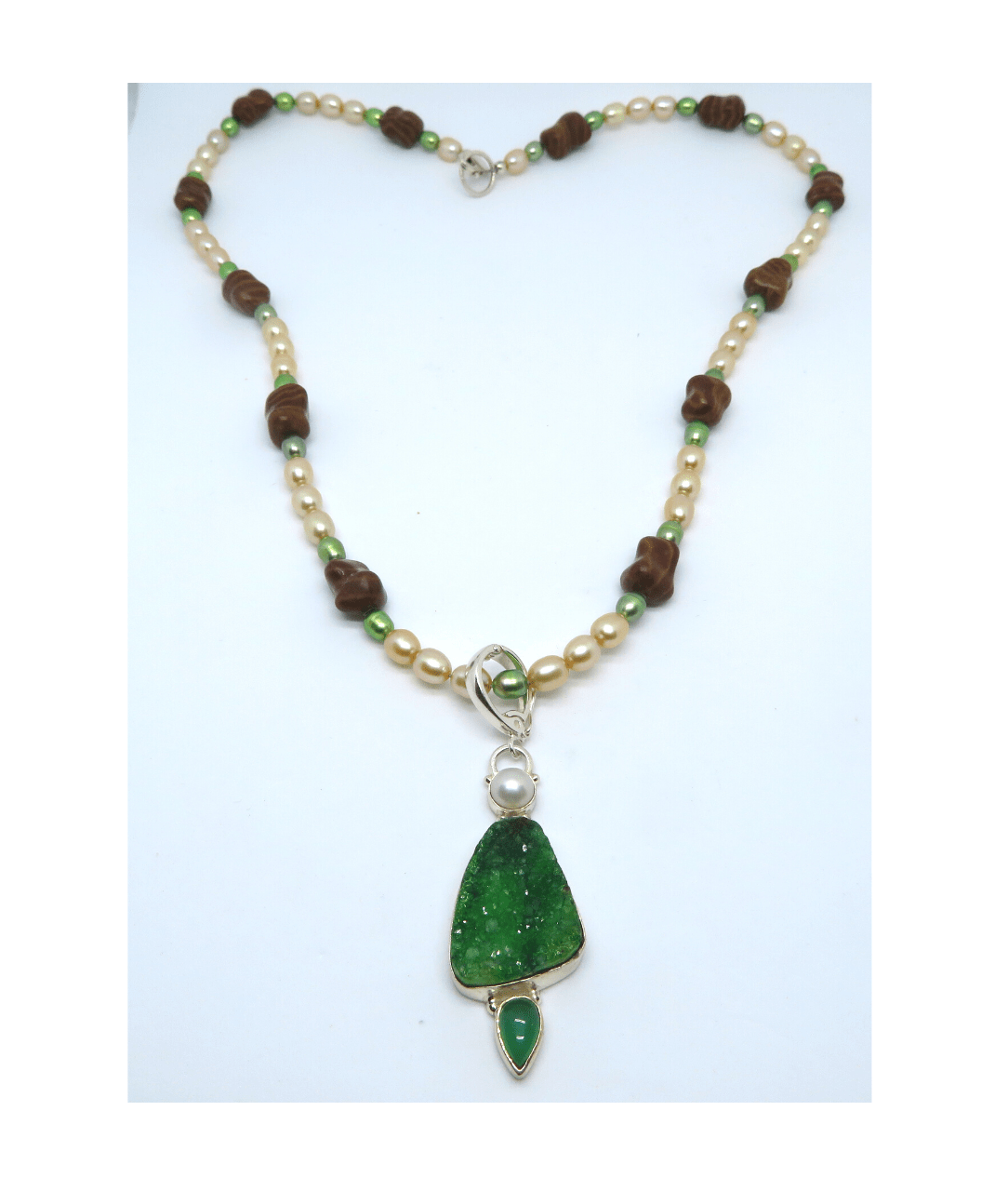 Golden, Green Pearls, Unique Carved Brown Jasper Sterling Handmade Necklace 21" Includes Quartz Druzy Enhancer Pendant 2 1/4"L X 1/2"W. ONE ONLY.