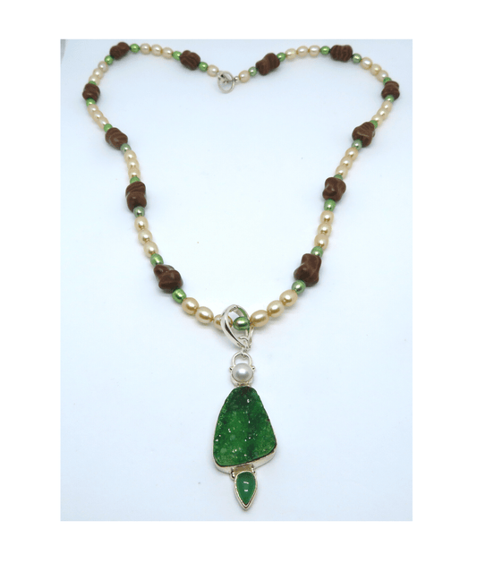 Golden, Green Pearls, Unique Carved Brown Jasper Sterling Handmade Necklace 21" Includes Quartz Druzy Enhancer Pendant 2 1/4"L X 1/2"W. ONE ONLY.