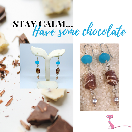 Faceted Turquoise-color Chalcedony, Barrel-shape Chocolate Jasper, and Pearl Sterling Silver Dangle Earrings Approx. 2 7/16"