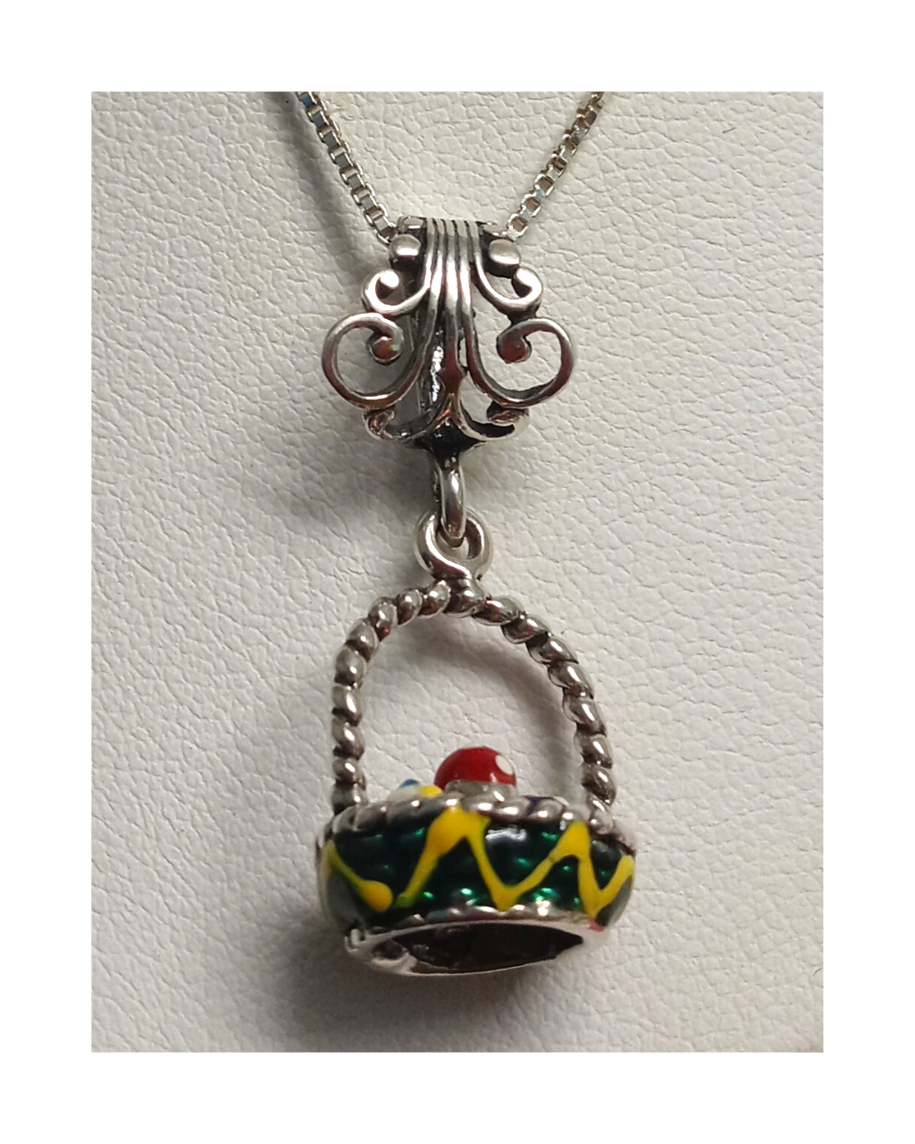 Exclusive Amazing Sterling Hand-enameled Wearable Art 3-D Easter Basket with Enamel Eggs Inside Basket Removable Pendant on 18" Box Chain