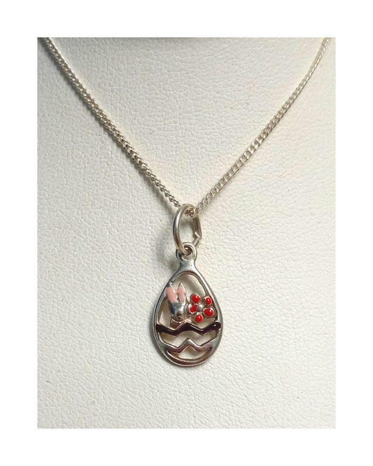 Exclusive Sterling Hand-enameled Pink and Purple Cut-out Oval Easter Egg Design Removable Pendant on 16" Curb Chain ONE ONLY