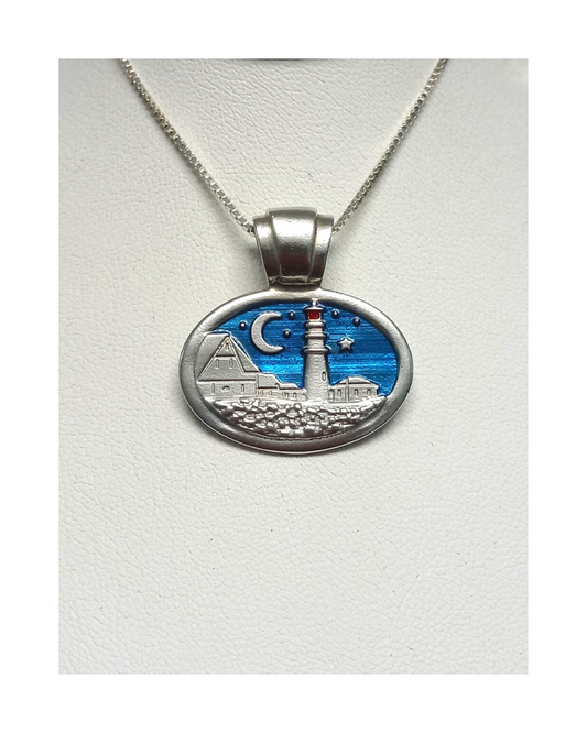 Exclusive Wearable Art Hand-enameled Beautiful Lighthouse Scene Removable Slide Pendant