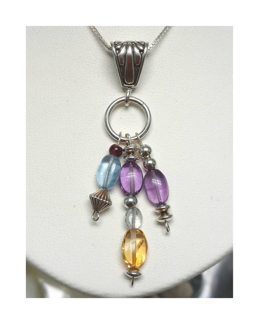 Exclusive Beautiful Multi-gemstone Amethyst, Blue Topaz, and Citrine Drops Dangle Removable Pendant 2 5/8"L X 3/4"W on 18" Box Chain ONE ONLY