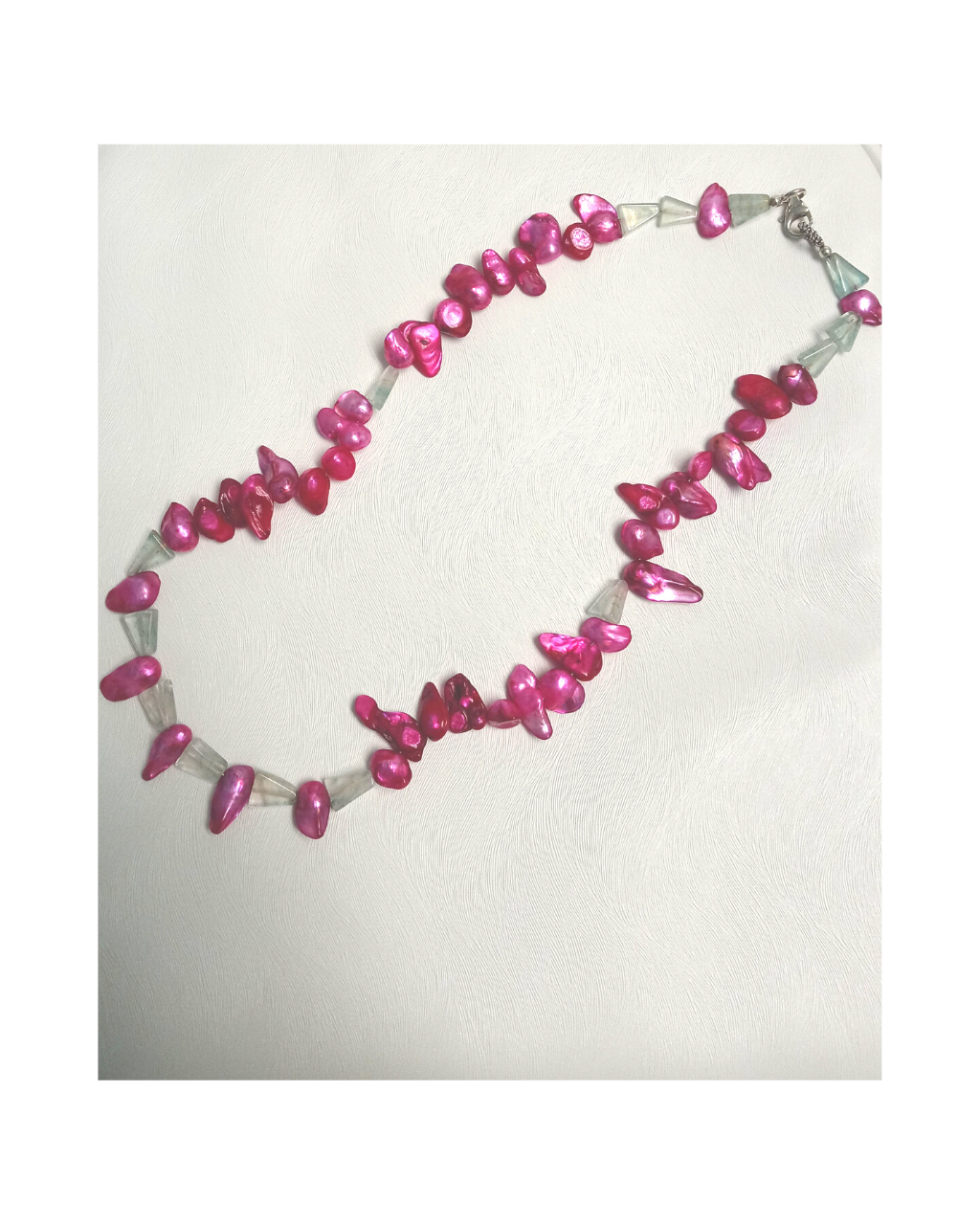 Fuschia Pink Dyed Baroque Pearl and Light Green Triangle Aventurine Sterling 19 1/2" Necklace ONE ONLY
