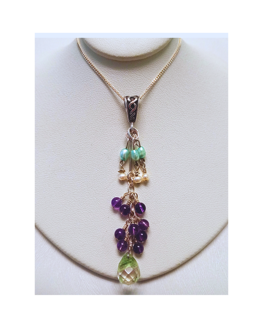 Exclusive Beautiful Multi-gemstone Purple Amethyst, Green and White Freshwater Pearl Drops, and Green Amethyst Briolette Gem Dangle Removable Pendant 3"L X 3/8"W on 16" Curb Chain. ONE ONLY
