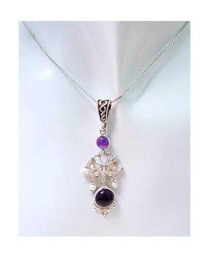 Exclusive Beautiful Amethyst Round Cabochon Gems and Tiny White Pearl Drop Sterling Silver Removable Pendant 2 1/4"L X 5/8"W on 18" Curb Chain. ONE ONLY