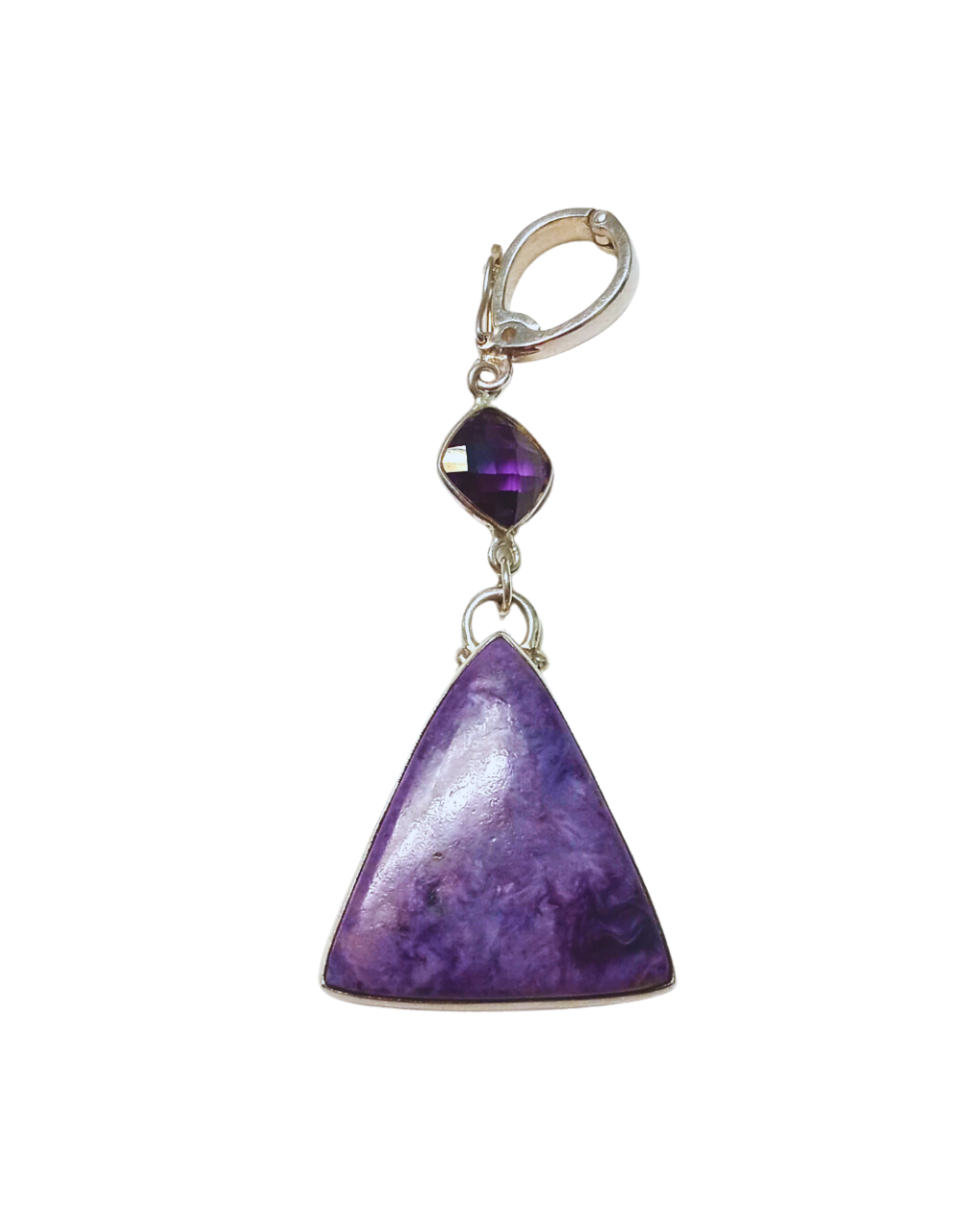 Rare Charoite Large Triangle-shaped, and Checkerboard Faceted Amethyst Sterling Silver Enhancer Pendant Approx. 2 1/4"L X 7/8"W. ONE ONLY.