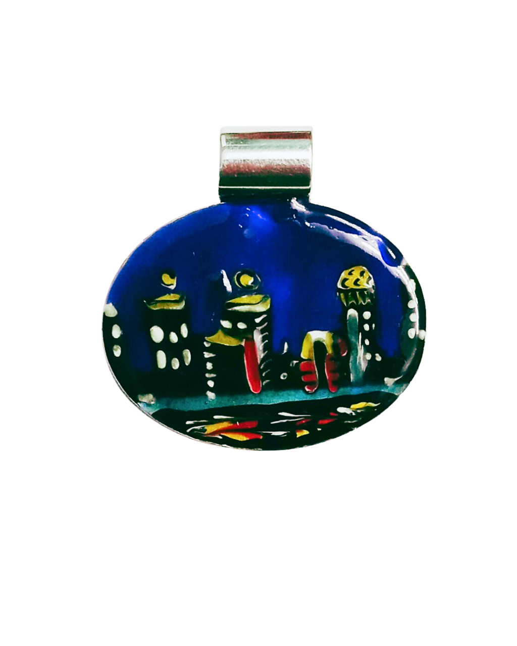 Exclusive Sterling Wearable Art Hand-enameled City of Louisville in Lights at Night Removable Pendant Slide with 18" Box Chain. 1 3/8H X 1 3/8W". ONE ONLY.