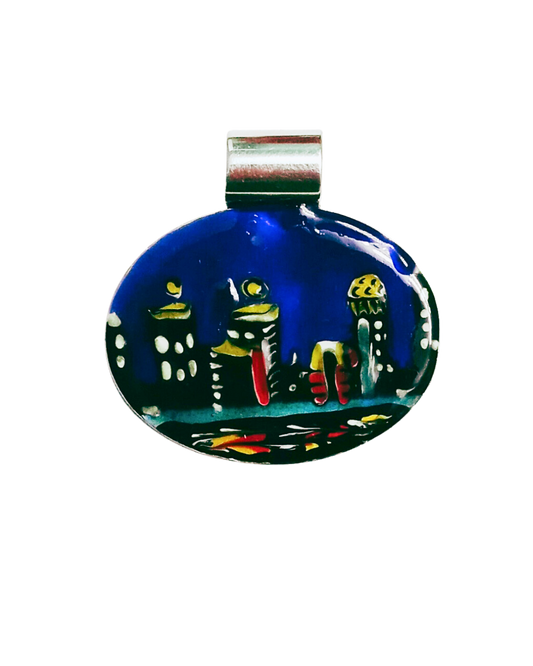 Exclusive Sterling Wearable Art Hand-enameled City of Louisville in Lights at Night Removable Pendant Slide with 18" Box Chain. 1 3/8H X 1 3/8W". ONE ONLY.