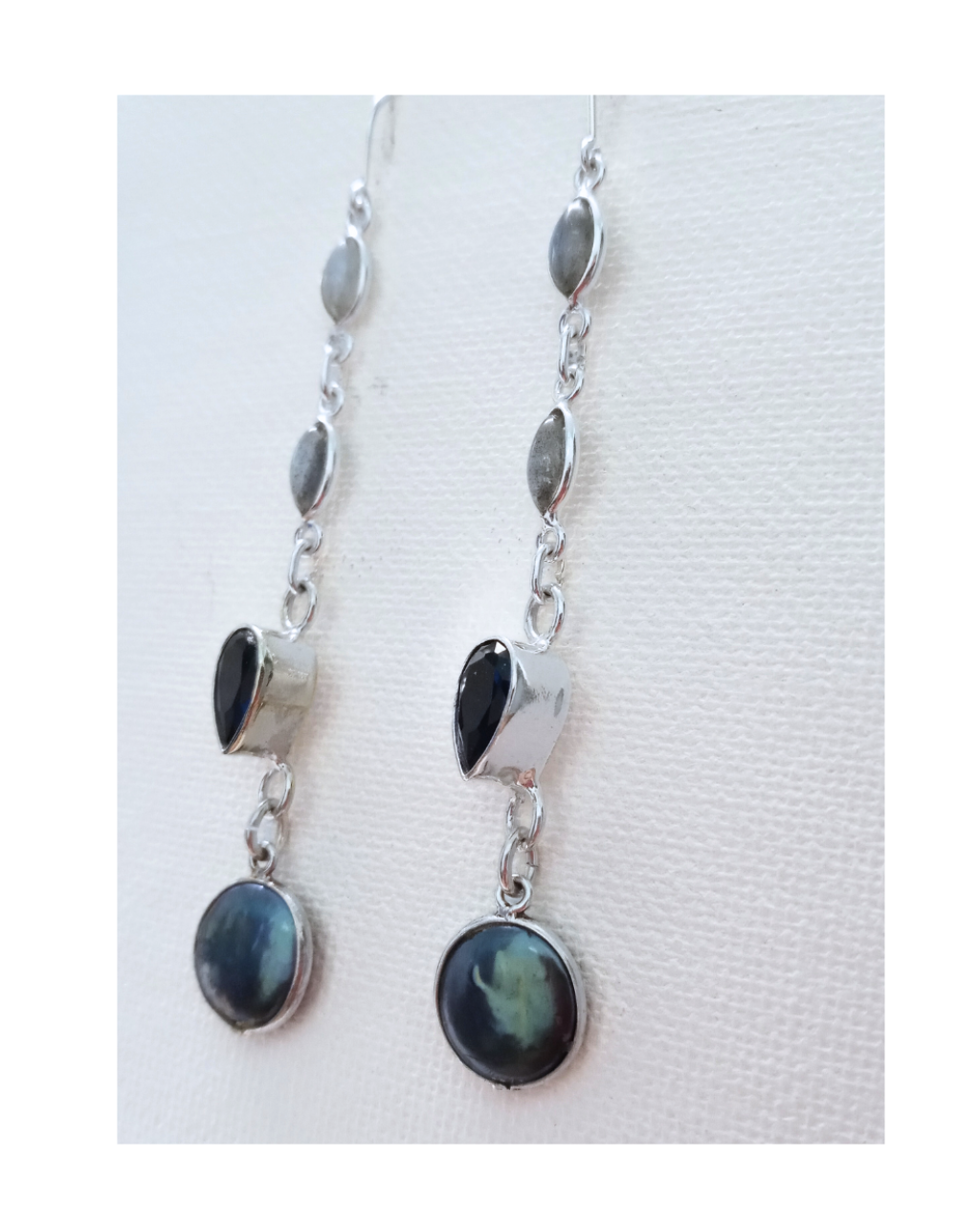 Exclusive Sterling Dangle Earrings with Labradorite, Agate and Coin Pearl Drops 3 5/16"L X 1/2"W. ONE ONLY.