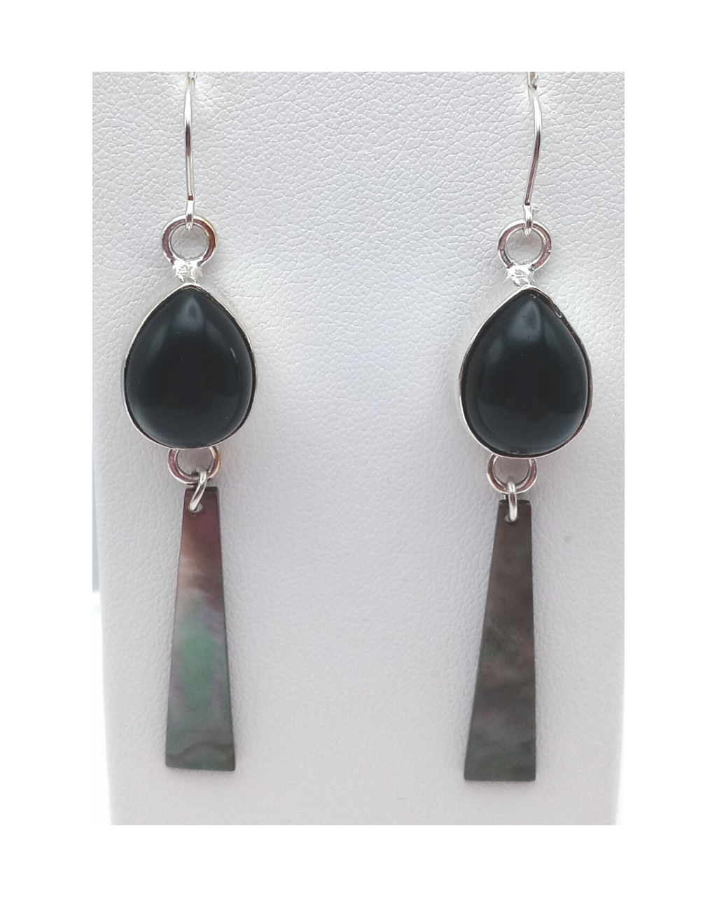 Sterling Teardrop Black Onyx and Beautiful Black Mother-of-Pearl Shell Earrings 2 11/16"L X 1/2"W. ONE ONLY