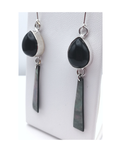 Sterling Teardrop Black Onyx and Beautiful Black Mother-of-Pearl Shell Earrings 2 11/16"L X 1/2"W. ONE ONLY