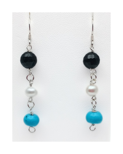Faceted Black Onyx, White Pearl, and Turquoise Sterling Silver Dangle Earrings Approx. 2 3/16"