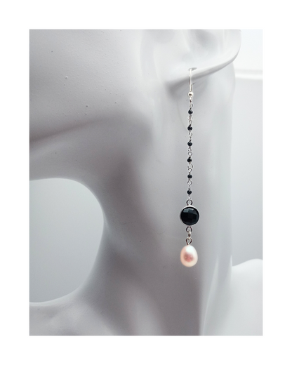 Exclusive Sterling Faceted Black Spinel and Peach Pearl Dangle Earrings 3 1/4"" ONE ONLY