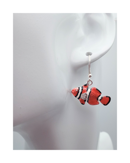 Exclusive Sterling Wearable Art Hand-enameled Tropical Clownfish Earrings 1 3/16"H X 1 1/16"W