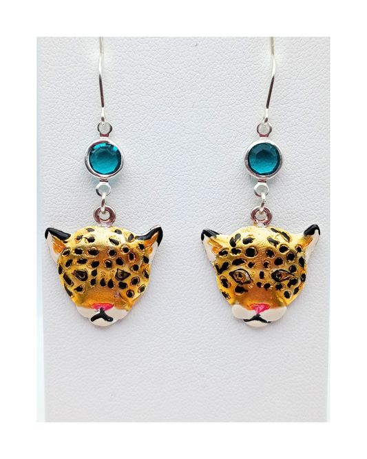 Sterling 925 Detailed Hand-enameled Leopard Heads with Swarovski Crystal Earrings. ONE ONLY.
