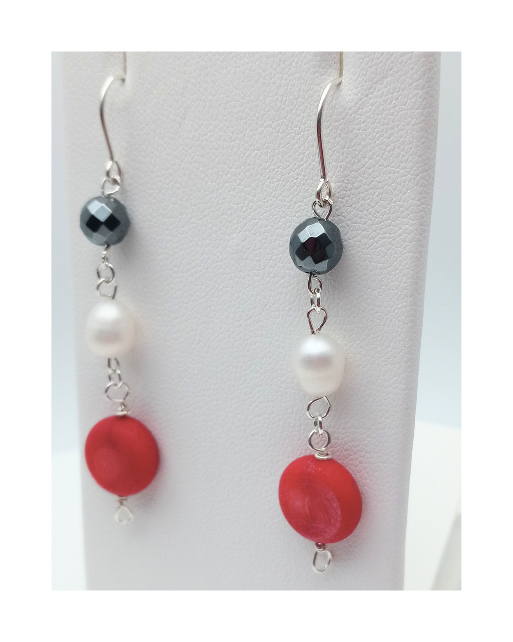 Sterling 925 Faceted Hematite, White Pearl, and Red Coin-Shaped Coral Earrings. ONE ONLY