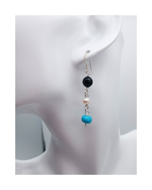 Faceted Black Onyx, White Pearl, and Turquoise Sterling Silver Dangle Earrings Approx. 2 3/16"