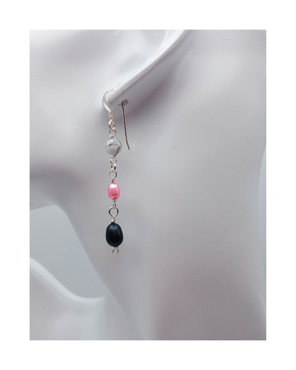 Howlite, Genuine Pink and Black Pearl Sterling Silver Dangle Earrings 2 1/4"