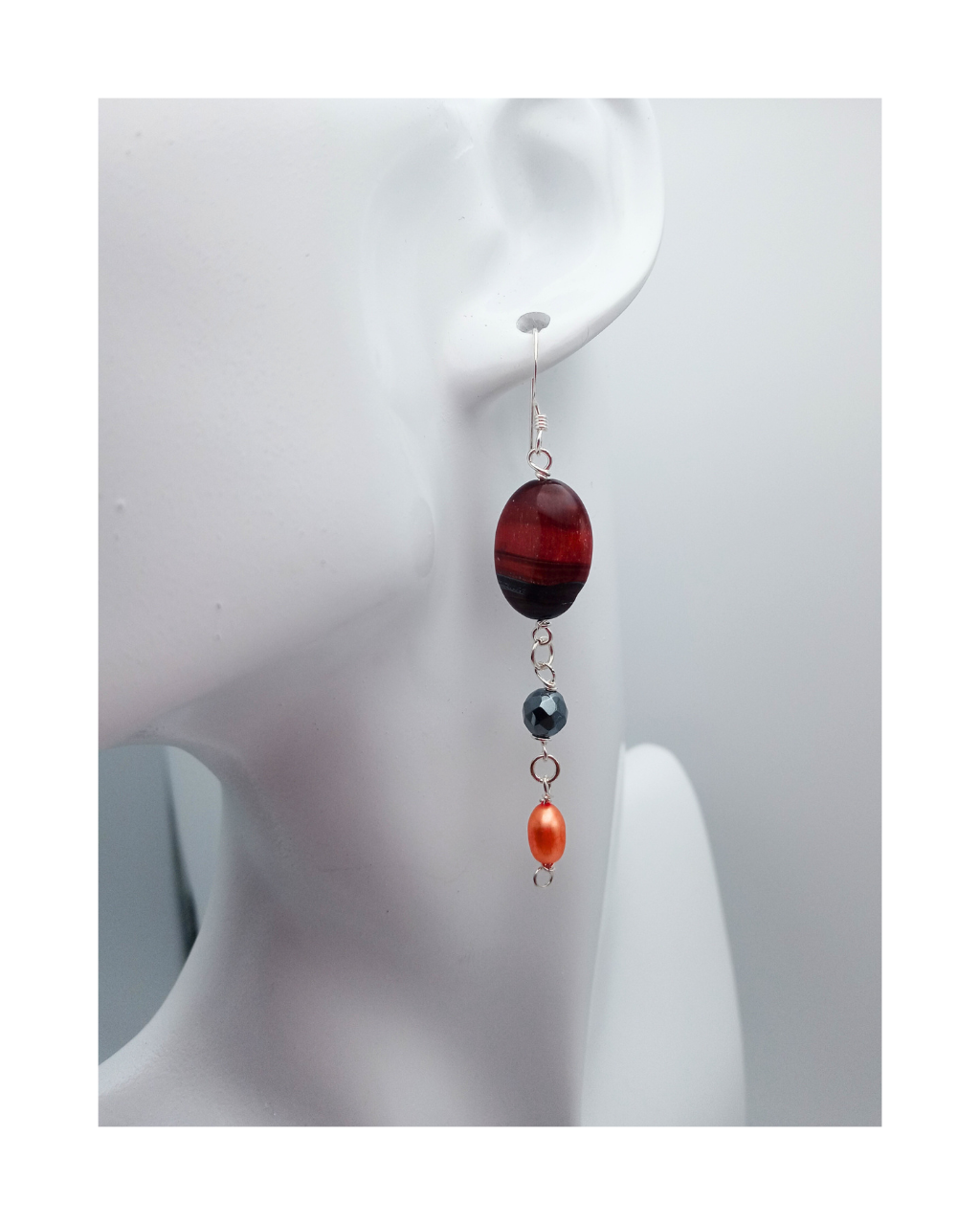 Oval Dyed Red Tiger's Eye, Faceted Hematite and Copper-colored Pearl Sterling Silver Dangle Earrings Approx. 2 3/4"