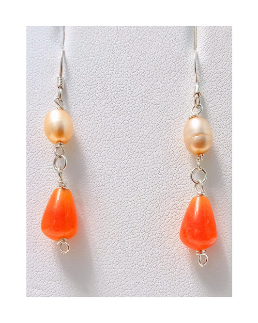 Peach Pearl and Carnelian Teardrop Sterling Silver Dangle Earrings Approx. 1 11/16"