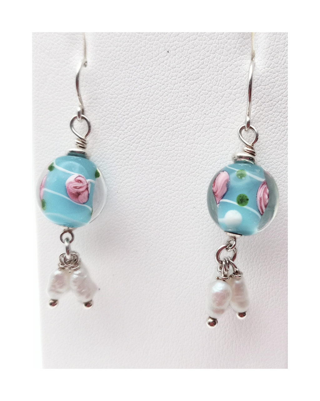 Sterling 925 Lampwork Blue and Pink Flower Glass Bead with 3 White Freshwater Pearl Dangle Drops Earrings. ONE ONLY.