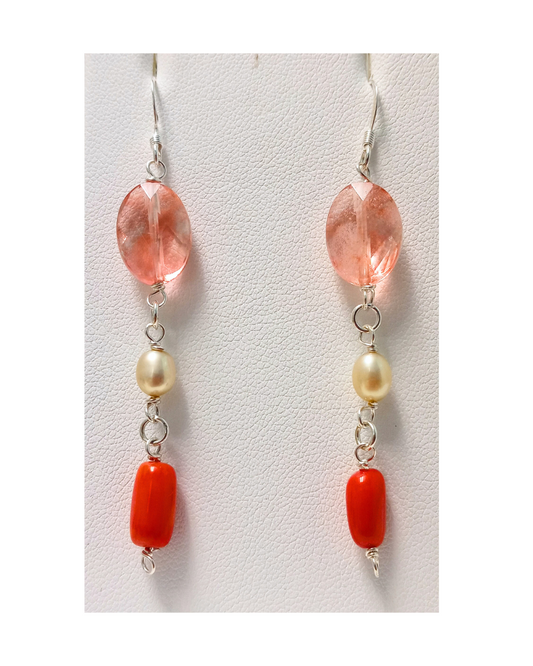 Cherry Quartz, Sand-color Pearls and Red/Orange Coral Sterling Silver Dangle Earrings 2 5/8" ONE ONLY