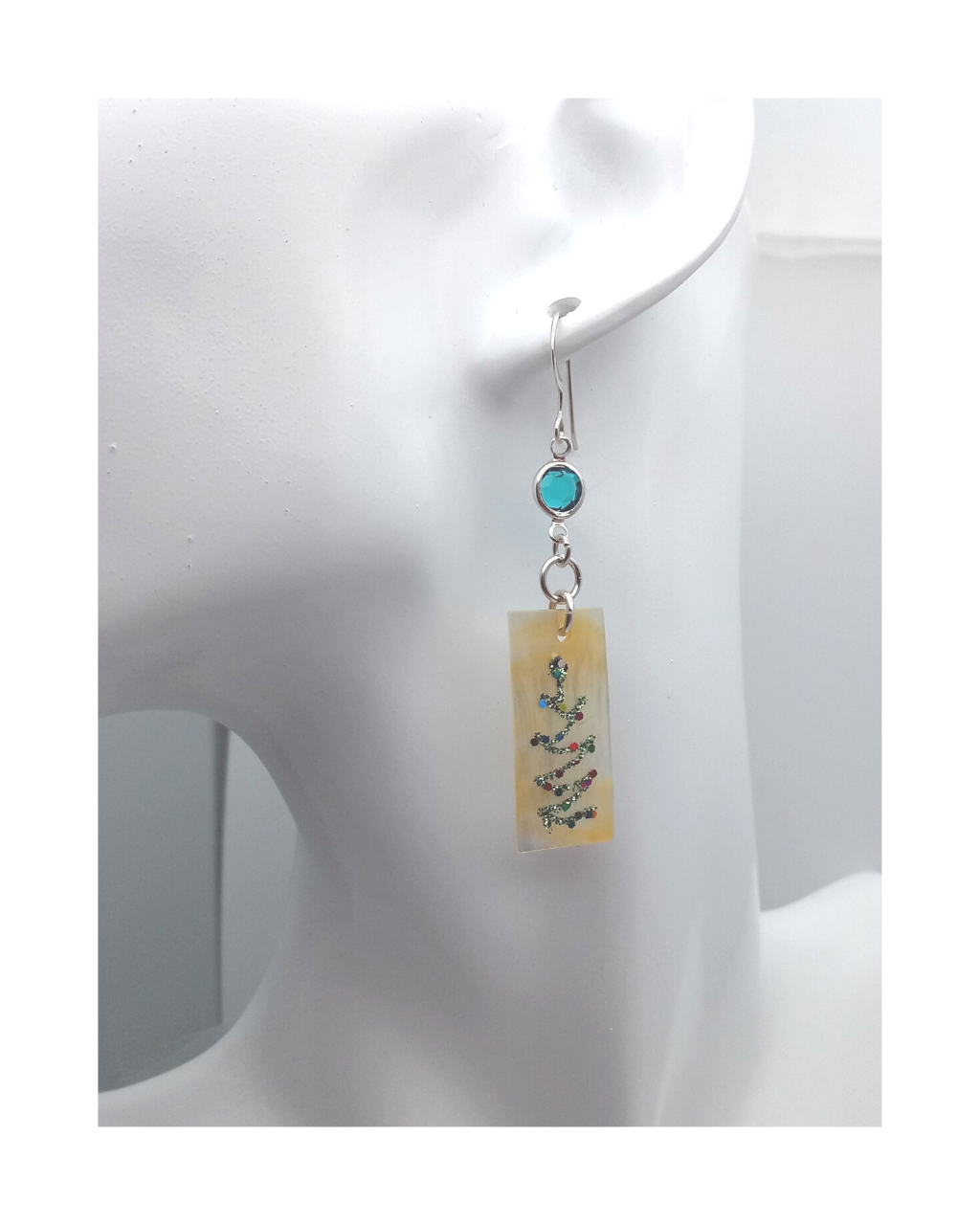 Exclusive Sterling Gold Mother-of-pearl Shell with Sparkle Christmas Tree Design and Swarovski Crystal Earrings 2 9/16"L X 9/16"W. ONE ONLY