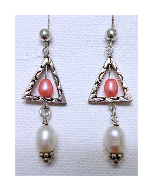 Sterling Bright Pink and White Pearls in Swivel Triangle Earrings 1 3/4"L X 5/8"W