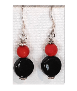 Red Coral and Black Onyx Sterling Silver Dangle Earrings Approx. 1 1/2"