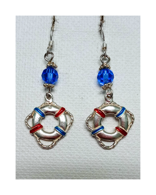 Exclusive Sterling Wearable Art Hand-enameled 2-sided Life Preserver with Swarovski Crystal Earrings 1 15/16"H X 11/16"W