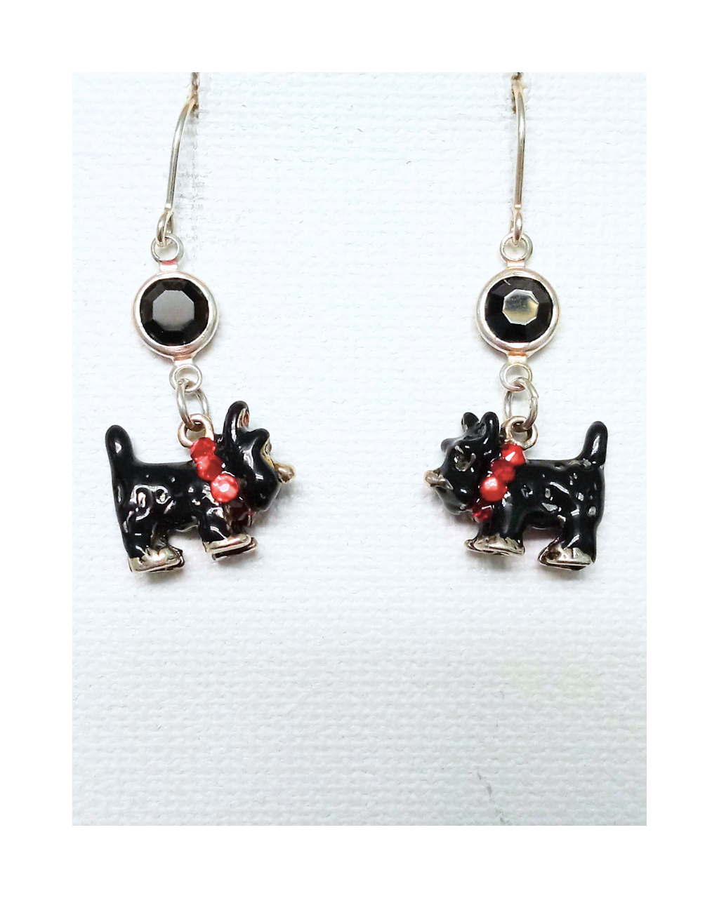 Exclusive Sterling 3-D Hand-enameled 2-sided Scottie Dog with Red Crystal Collar Black Swarovski Crystal Drop Earrings