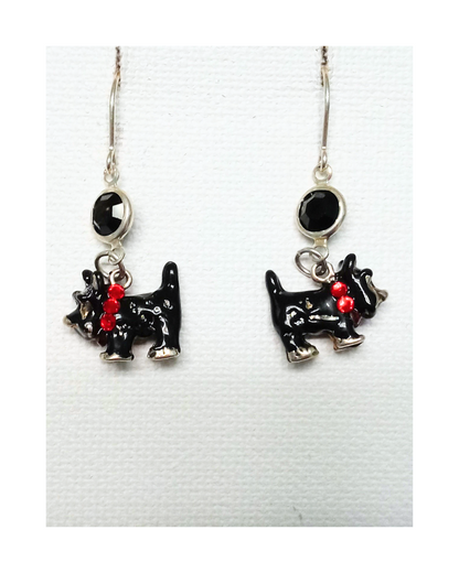 Exclusive Sterling 3-D Hand-enameled 2-sided Scottie Dog with Red Crystal Collar Black Swarovski Crystal Drop Earrings 1 9/16"L X 5/8"W ONE ONLY