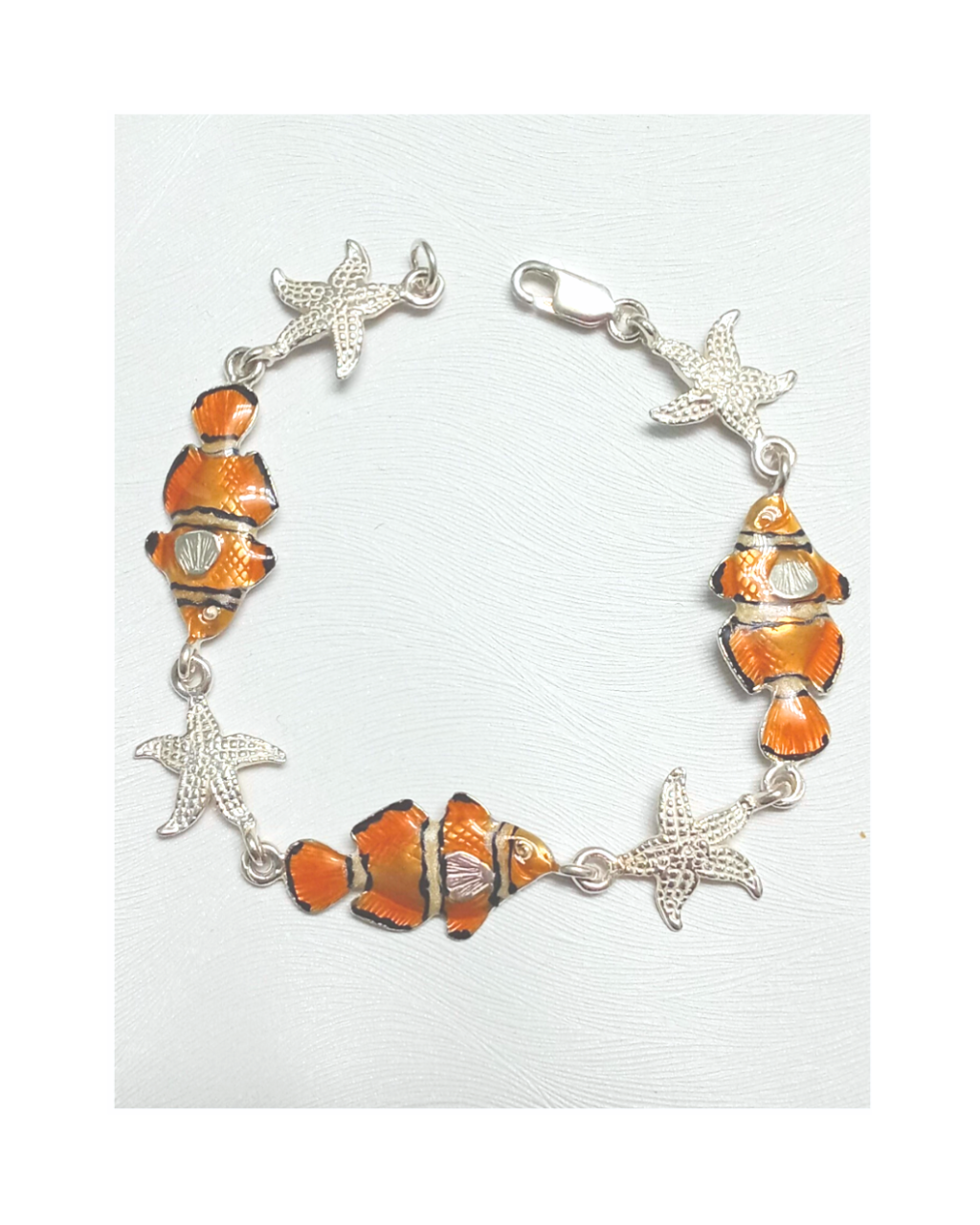 Clownfish Hand-enameled and Detailed Starfish Sterling Silver Bracelet 7 1/2 X11/16"