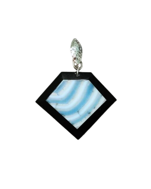 An Exciting One-of-a-kind Intarsia Gemstone Sterling Design with Beautiful Blue Stripe Agate and Black Onyx Enhancer Pendant with Removable Interchangeable Clip 2 7/16"L X 2"W ONE ONLY.