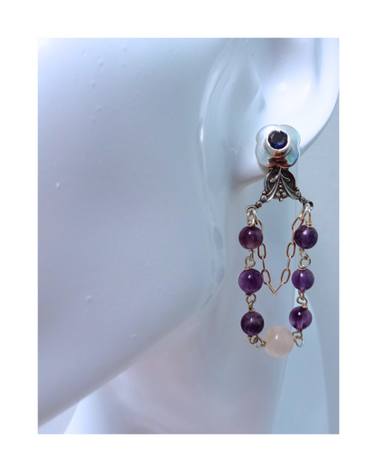 Sterling Earring Jackets with Iolite Posts and Amethyst, Rose Quartz, and Sterling Chain Combined on Attached Dangle Drop 2 1/4"L X 3/4"W. ONE ONLY