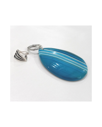 Sterling blended colors of beautiful turquoise blue white striped agate design enhancer pendant with removable interchangeable clip. ONE ONLY.