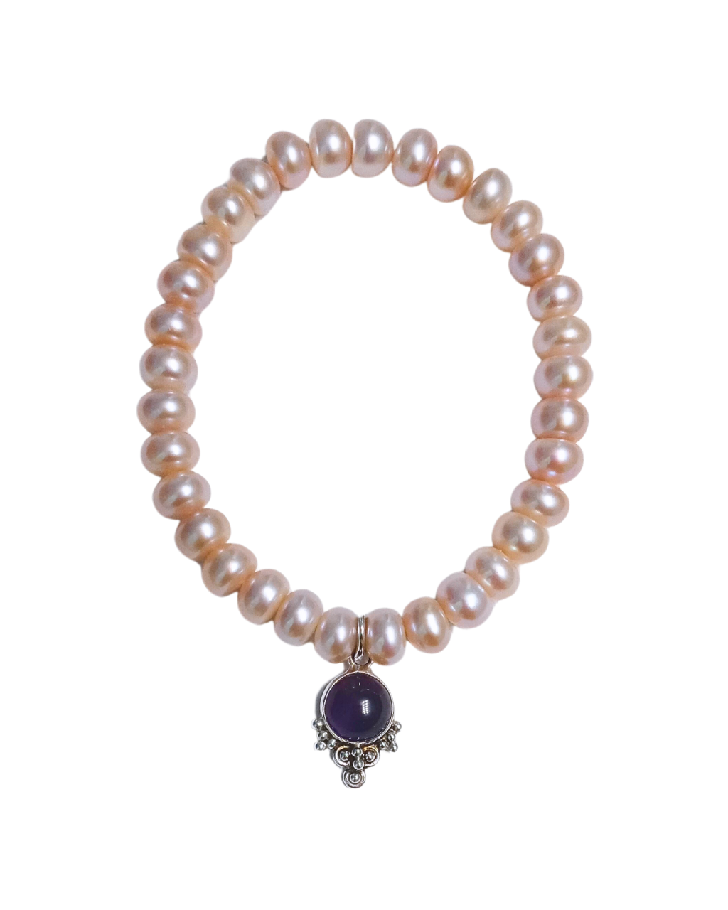 Light Pinky Peach Pearl and Amethyst Dangle Charm Stretch Bracelet 7"