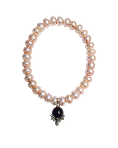 Light Pinky Peach Pearl and Amethyst Dangle Charm Stretch Bracelet 7"
