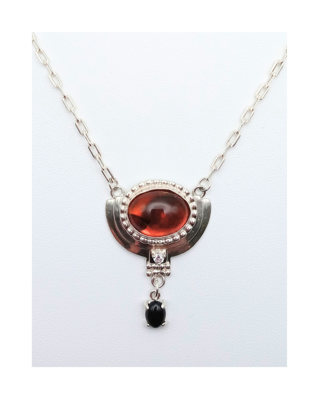 Sterling 925 Honey Amber, Black Onyx, and Sparkling Cubic Zirconia Necklace and Earring Set. ONE ONLY.